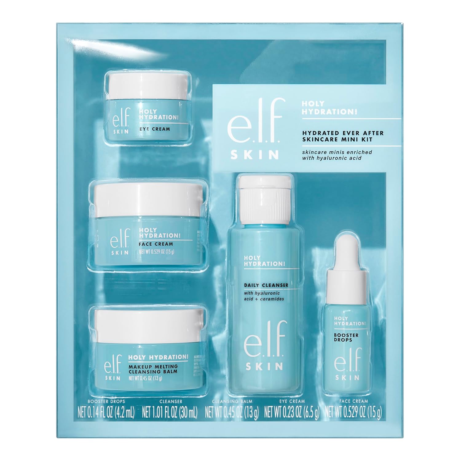 E.l.f. SKIN Holy Hydration! Hydrated Ever After Skincare Mini Kit, Cleanser, Makeup Remover, Moisturiser & Eye Cream For Hydrating Skin, Airplane Friendly Sizes